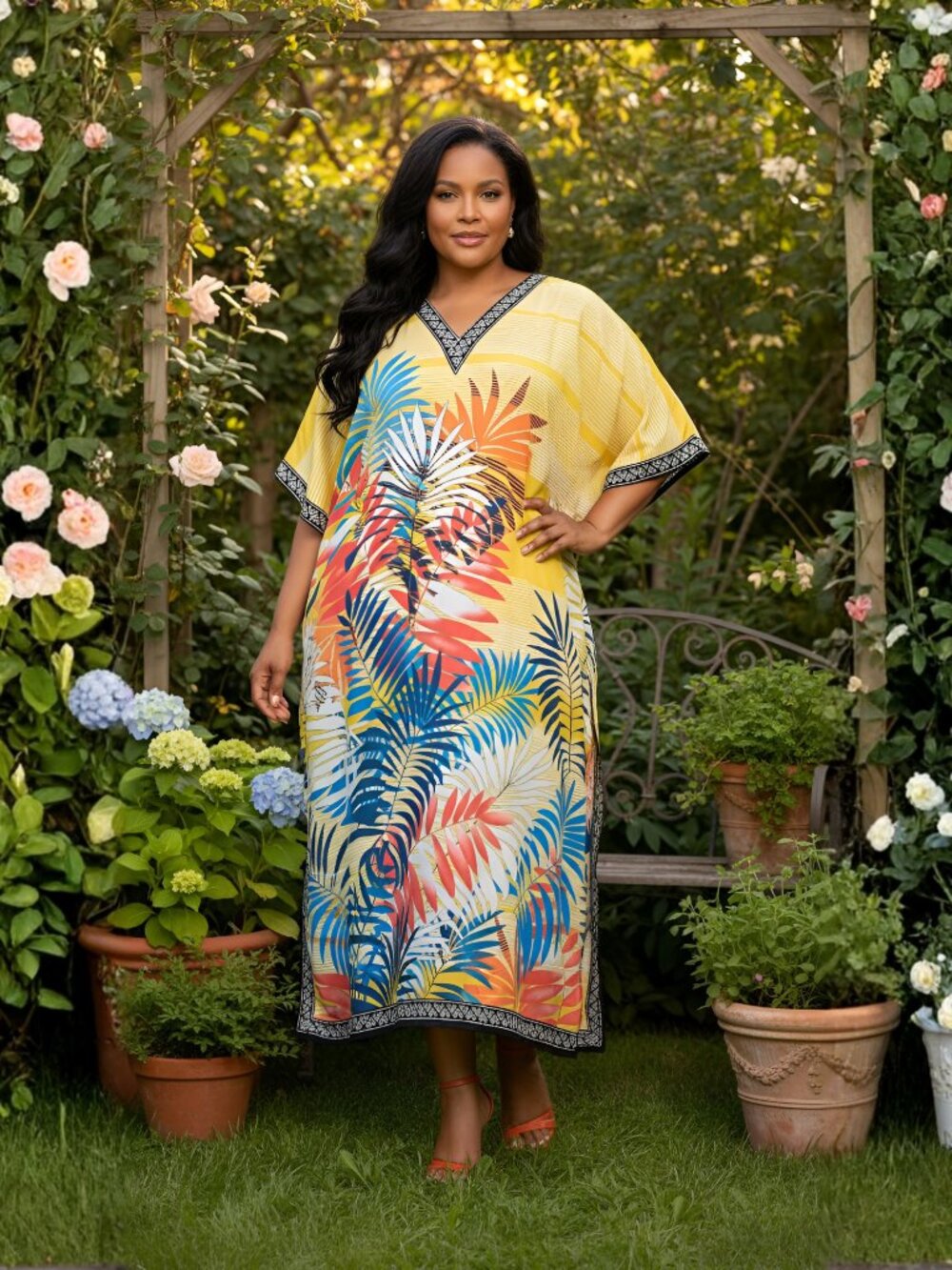 Women Plus Size Yellow Leaf Printed Caftan Dress Plus Size Moo Moos Dresses